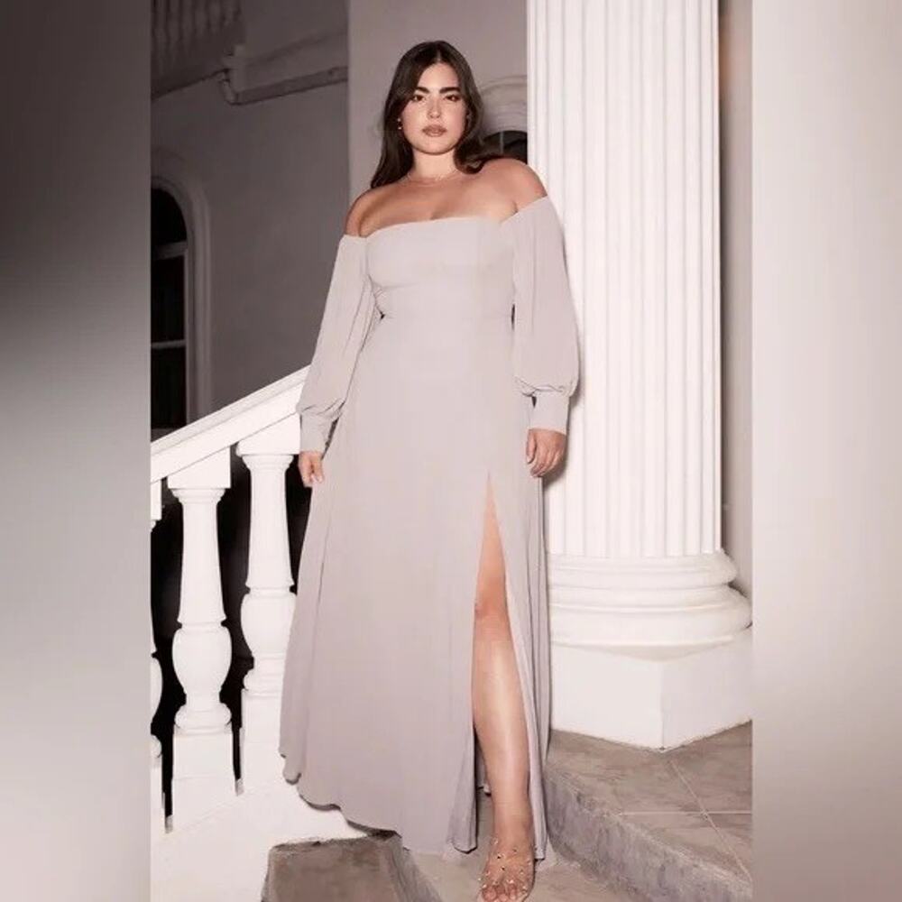 Lulus Feel the Romance Light Grey Off The Shoulder Maxi Dress 2X Bridesmaid NWT